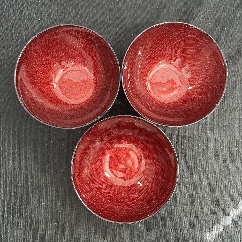 Set of 3 Ruby Red Glitter‎ Textured Glass Decorative Bowls 6 Inch Shimmer Glam